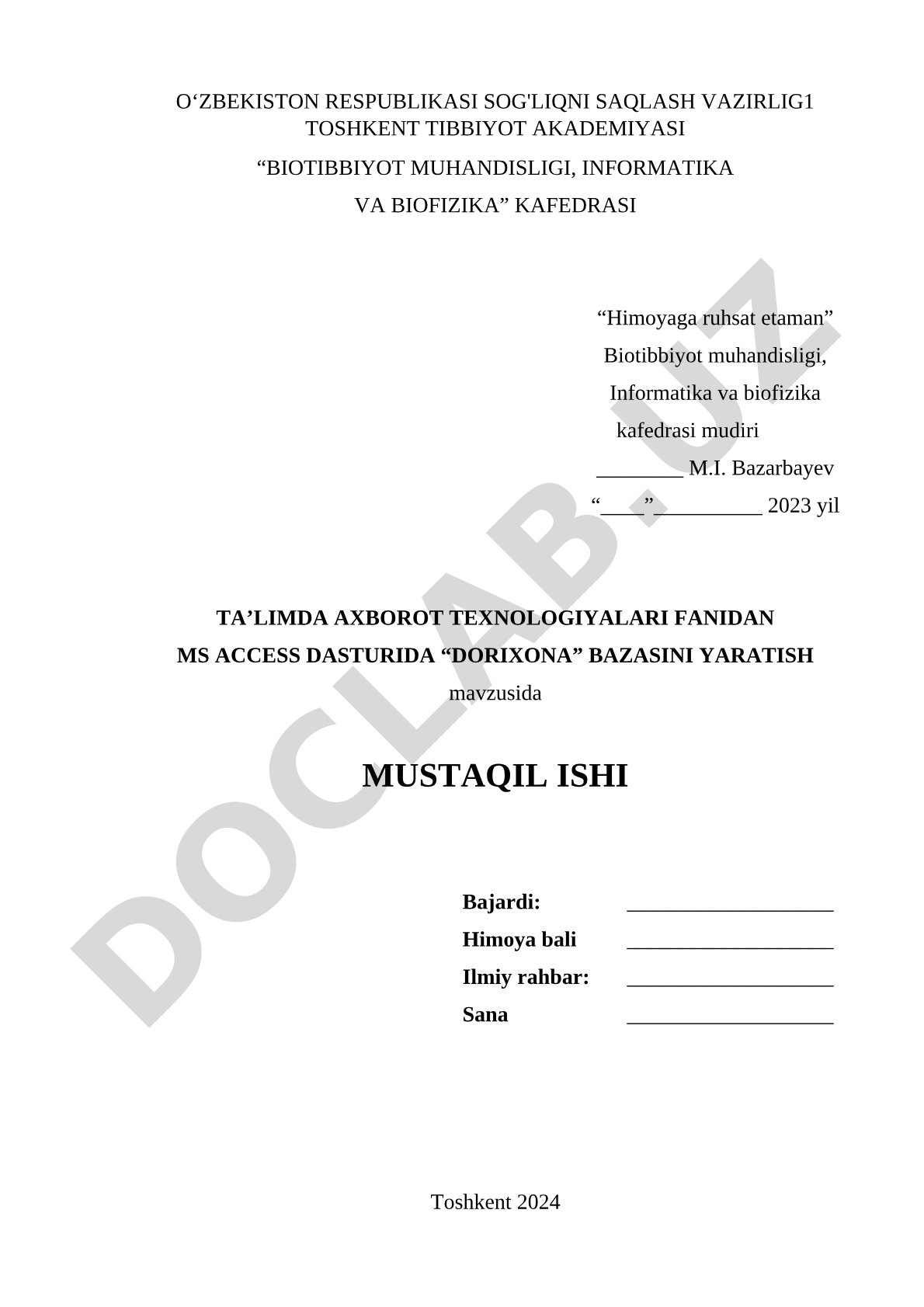 MS ACCESS DASTURIDA “DORIXONA” BAZASINI YARATISH