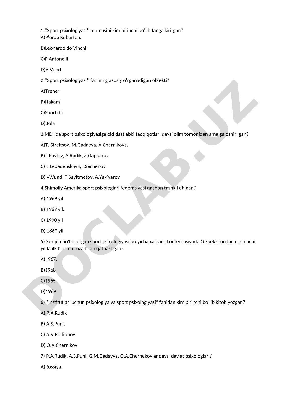 Sport psixologiyasi fanidan test savollari
