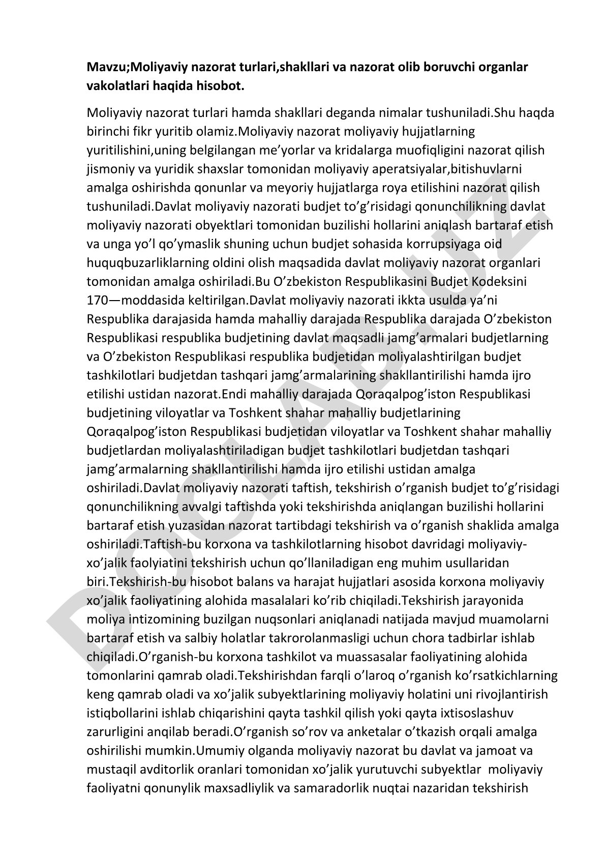 Moliyaviy nazorat turlari, shakllari va nazorat olib boruvchi organlar vakolatlari haqida hisobot