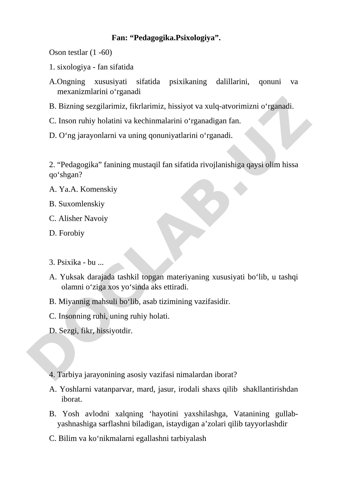 Pedagogika va Psixologiya fanidan test savollari