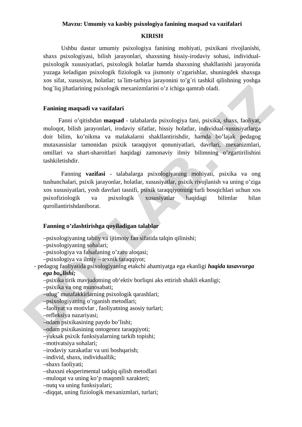 Umumiy va kasbiy psixologiya fanining maqsad va vazifalari
