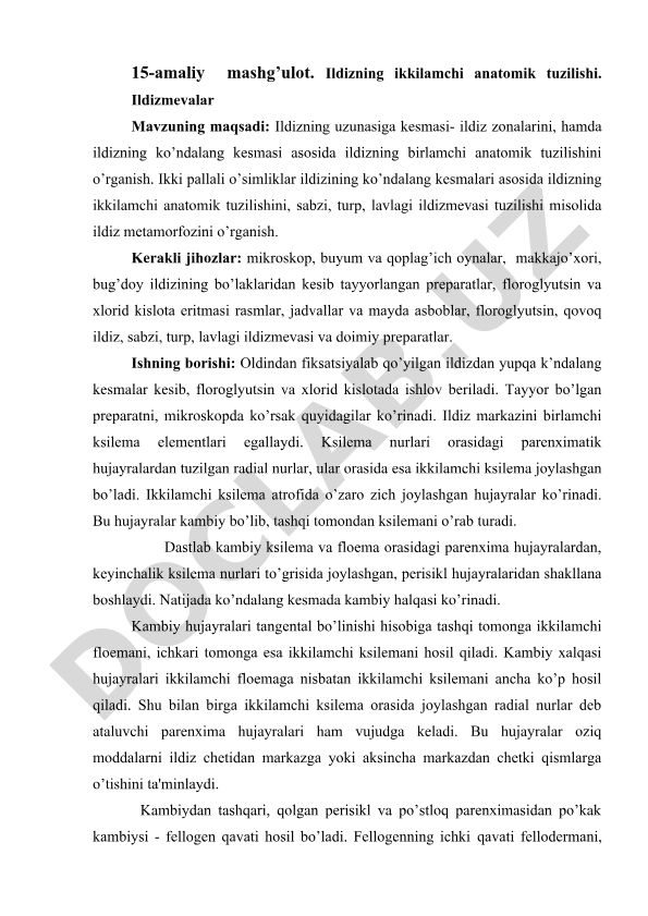 Ildizning ikkilamchi anatomik tuzilishi va ildizmevalar