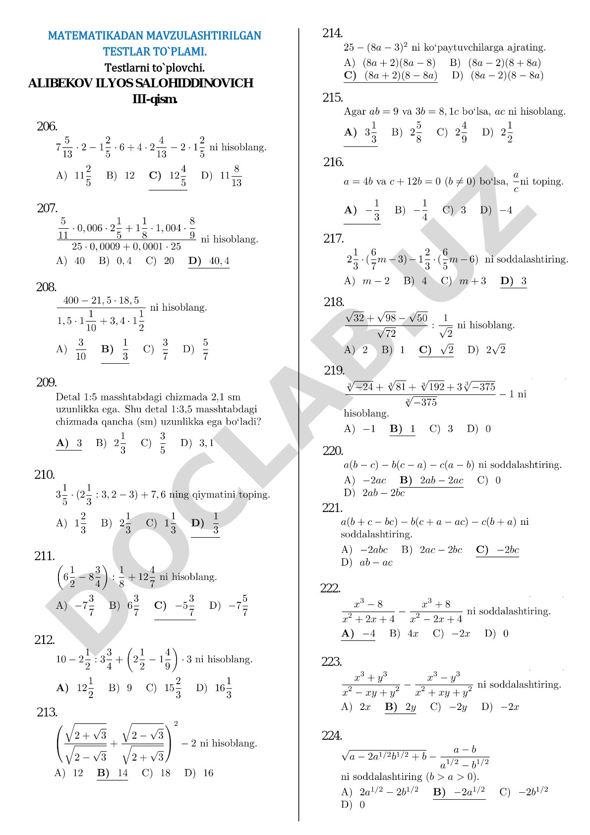 Matematikadan mavzulashtirilgan testlar to'plami
