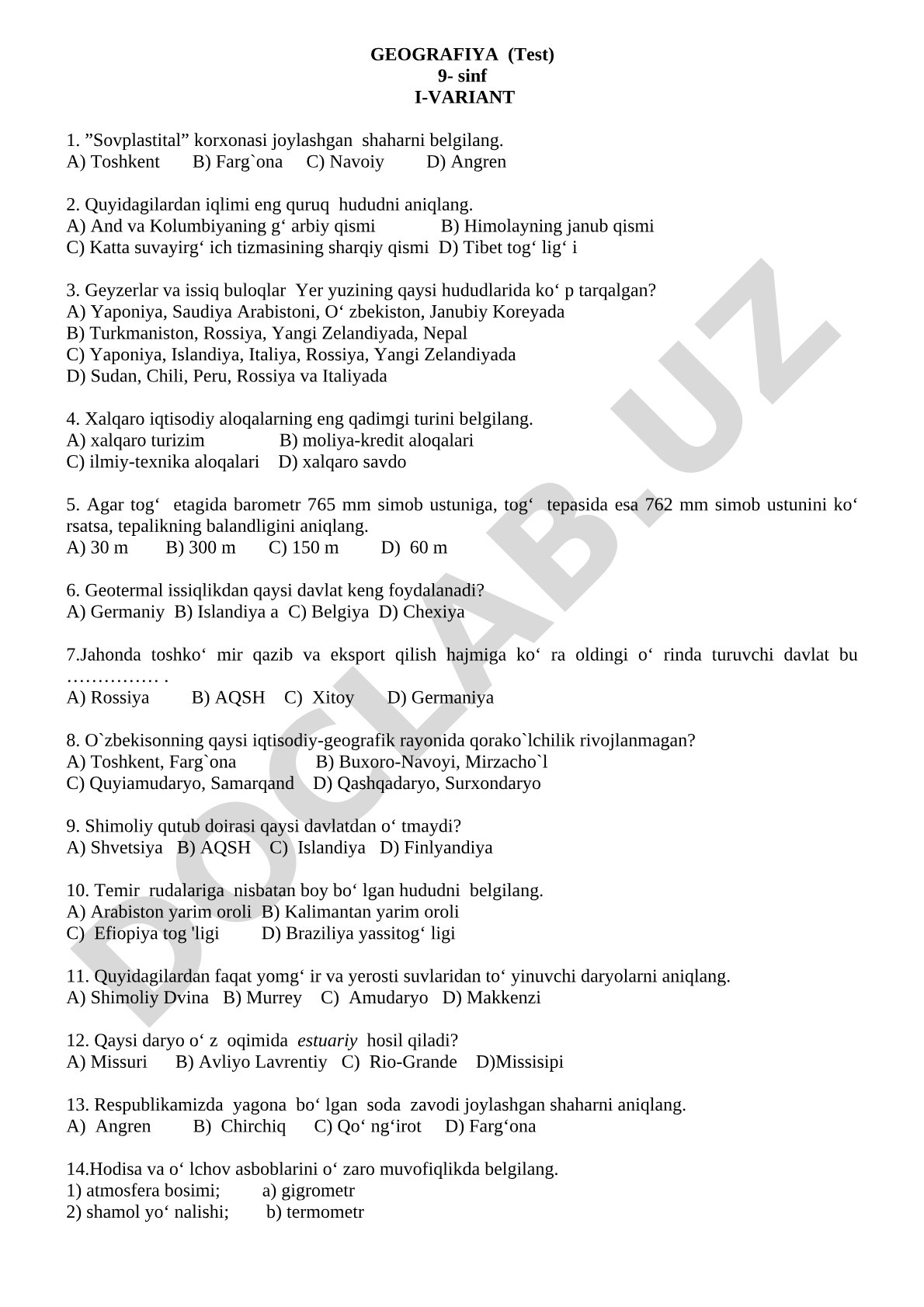 Geografiya (Test) 9-sinf I-variant