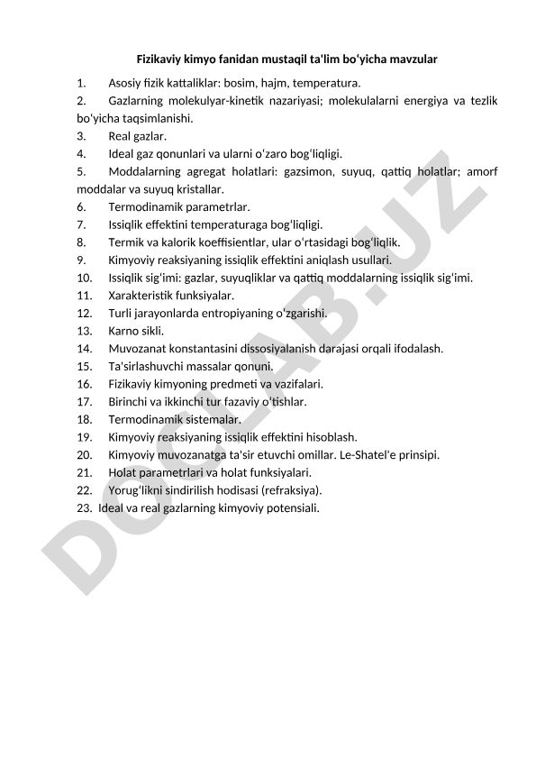 Fizikaviy kimyo fanidan mustaqil ta'lim bo‘yicha mavzular