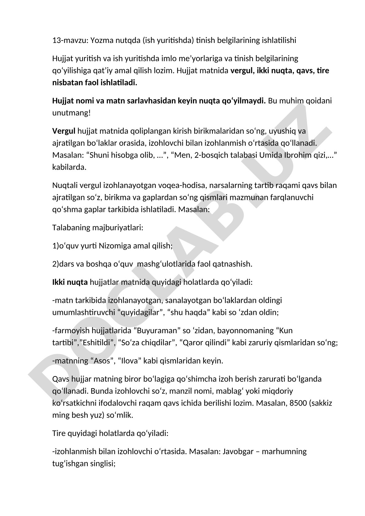 Yozma nutqda (ish yuritishda) tinish belgilarining ishlatilishi