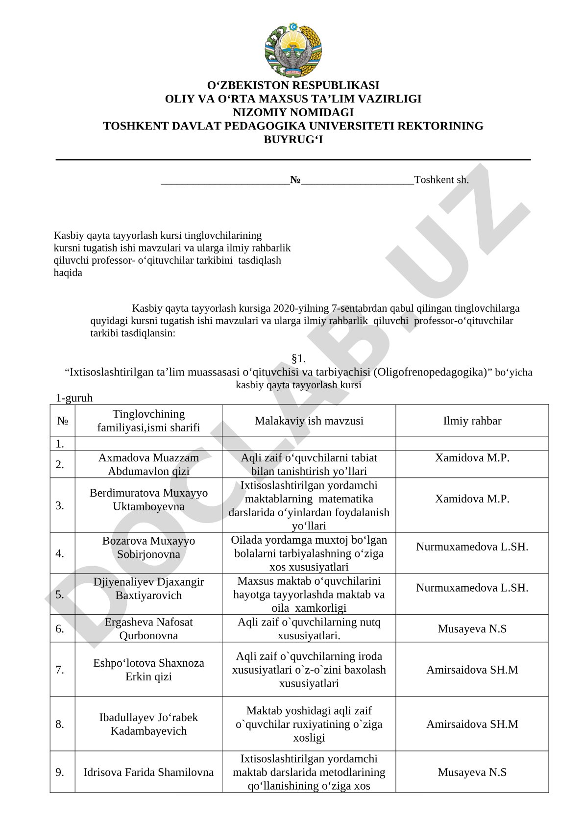 Kasbiy qayta tayyorlash kursi tinglovchilarining kursni tugatish ishi mavzulari va ularga ilmiy rahbarlik qiluvchi professor-o‘qituvchilar tarkibini tasdiqlash haqida