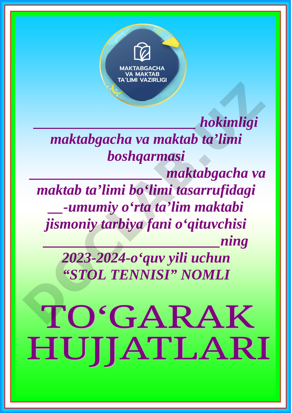 Stol tennisi to‘garagi ish rejasi