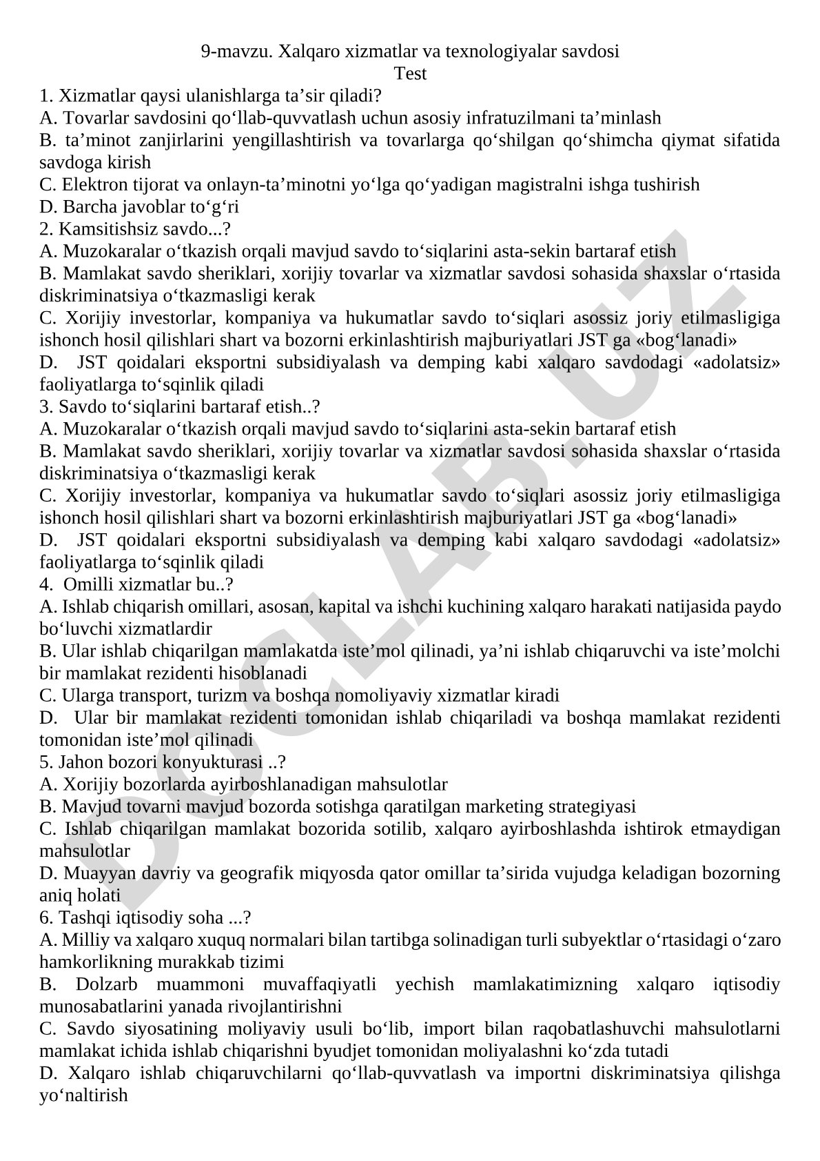 Xalqaro xizmatlar va texnologiyalar savdosi Test 1