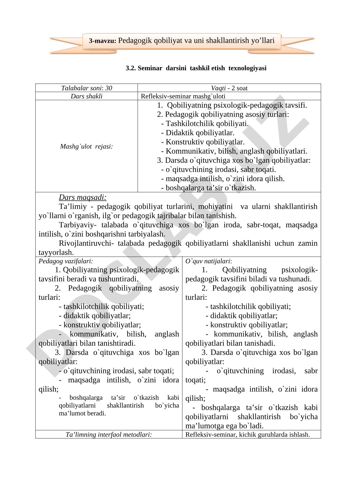 Seminar darsini tashkil etish texnologiyasi