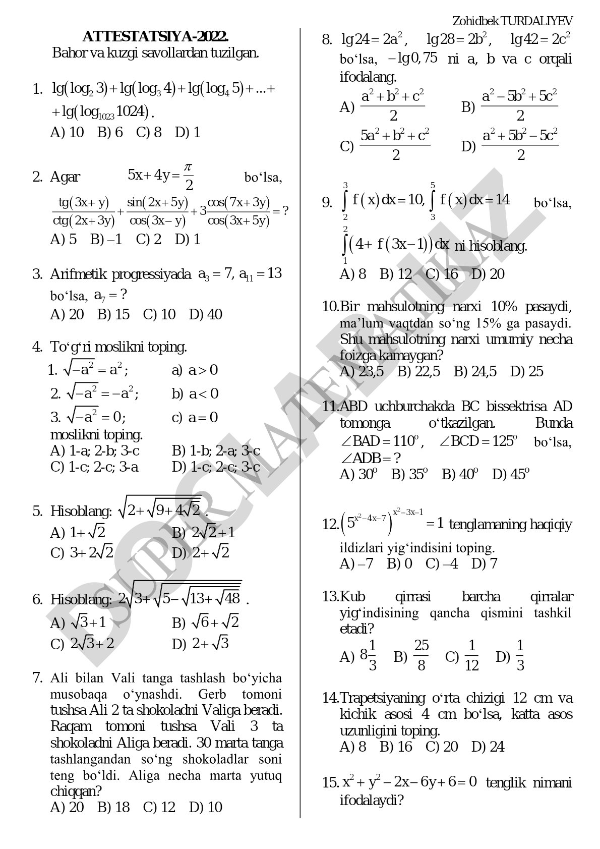 Matematika attestatsiya test savollari