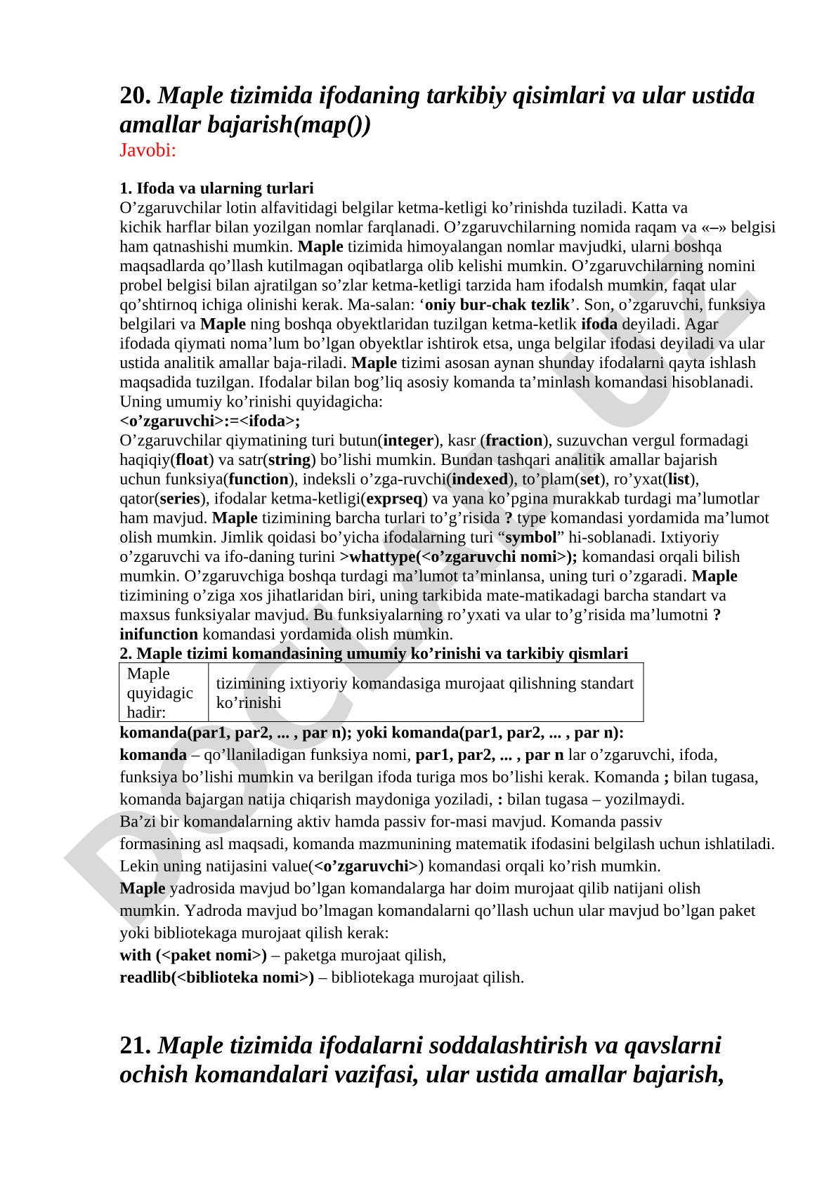 Maple tizimida ifodaning tarkibiy qisimlari va ular ustida amallar bajarish