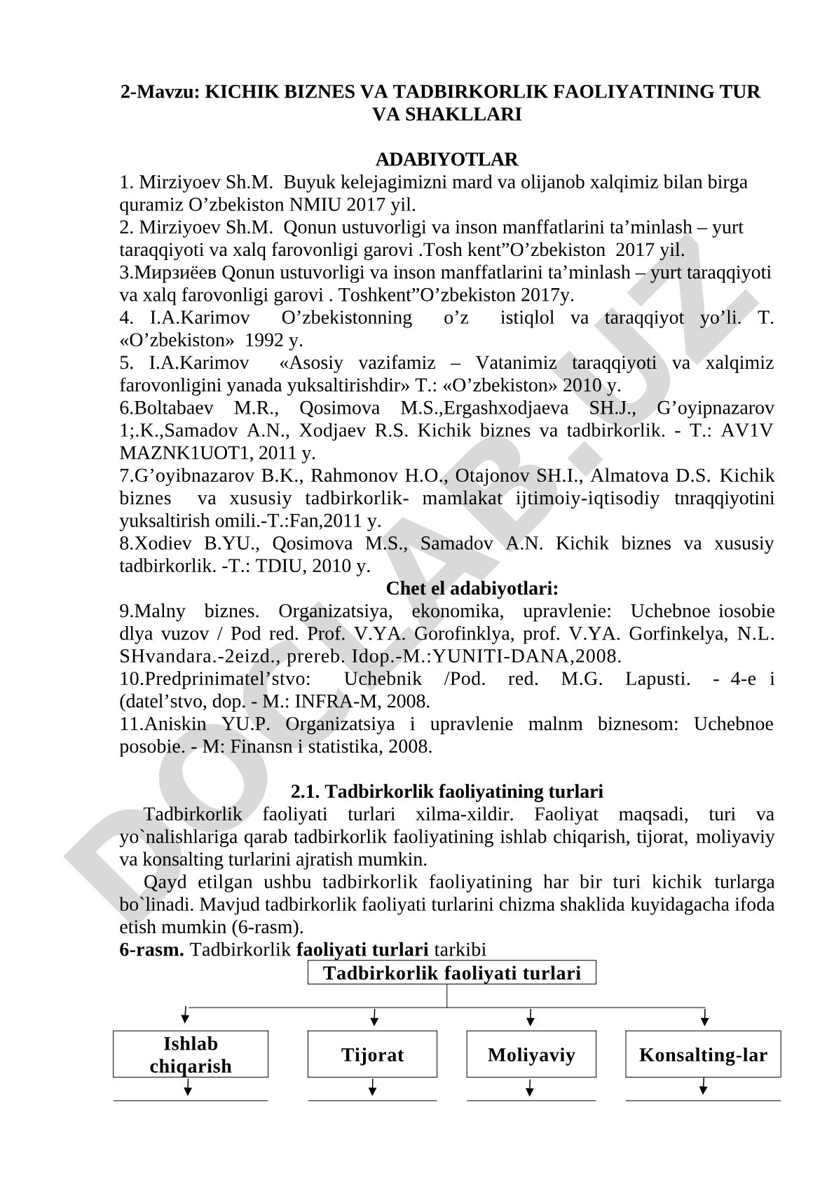 Kichik biznes va tadbirkorlik faoliyatining tur va shakllari