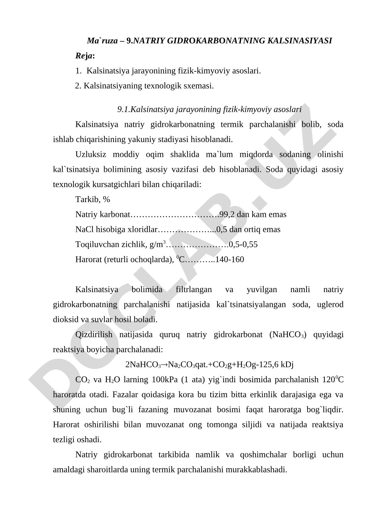 Natriy gidrokarbonat kalsinatsiyasining fizik-kimyoviy asoslari va texnologik sxemasi