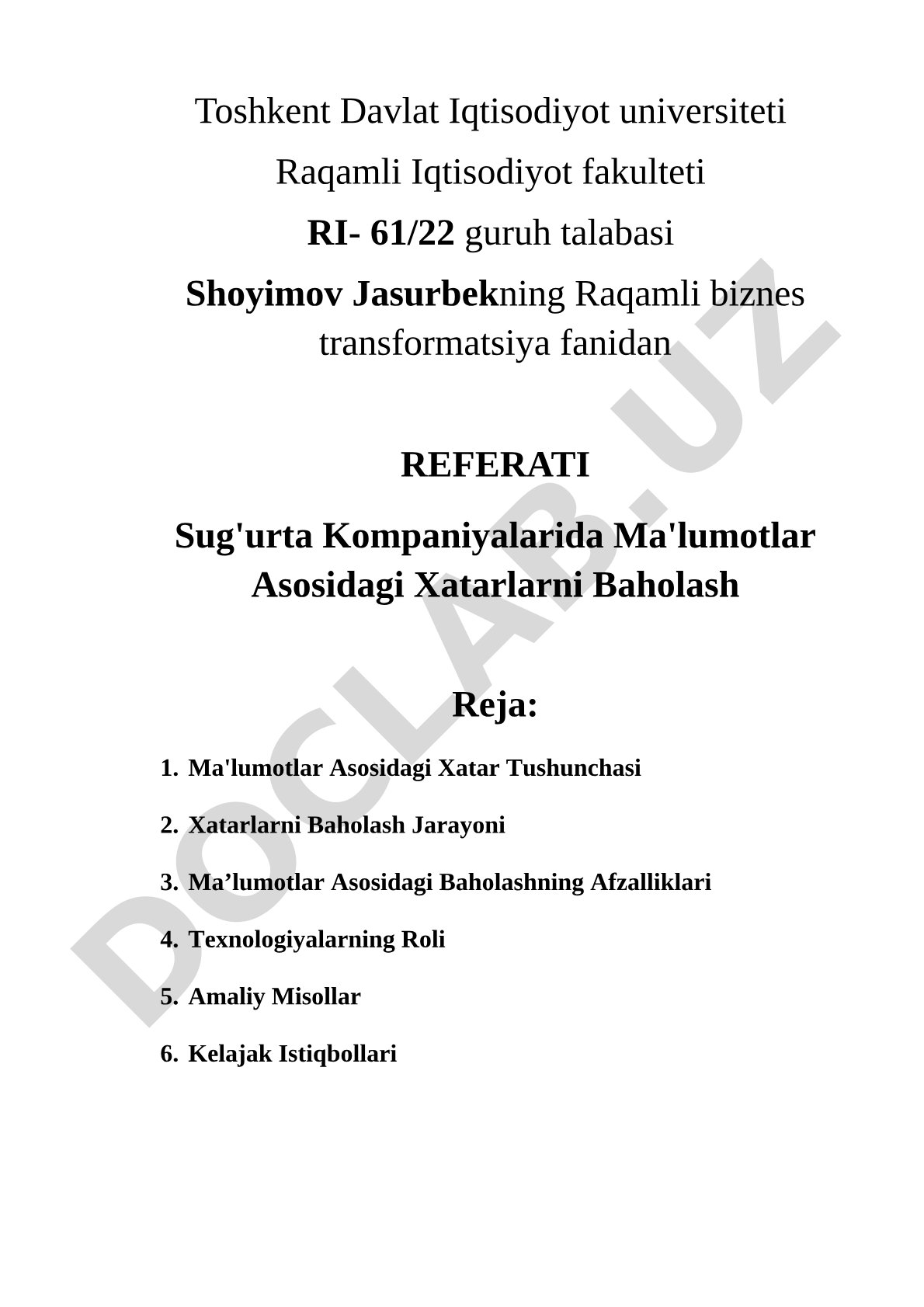 Sug'urta Kompaniyalarida Ma'lumotlar Asosidagi Xatarlarni Baholash