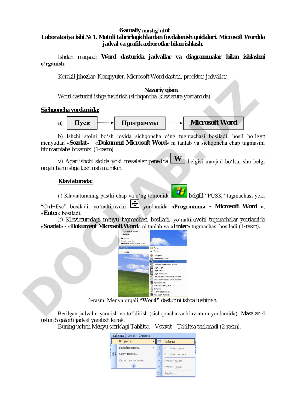 Microsoft Wordda jadval va grafik axborotlar bilan ishlash