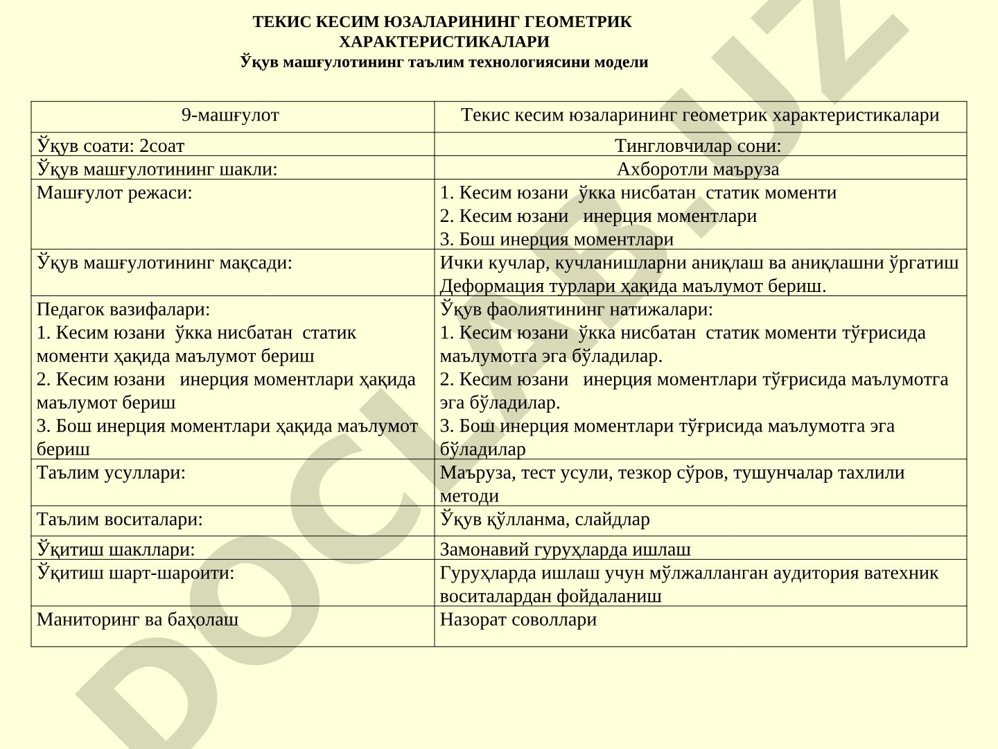 Текис кесим юзаларининг геометрик характеристикалари