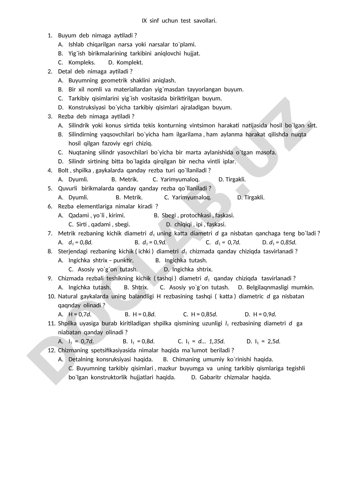 IX sinf uchun test savollari - Chizmachilik