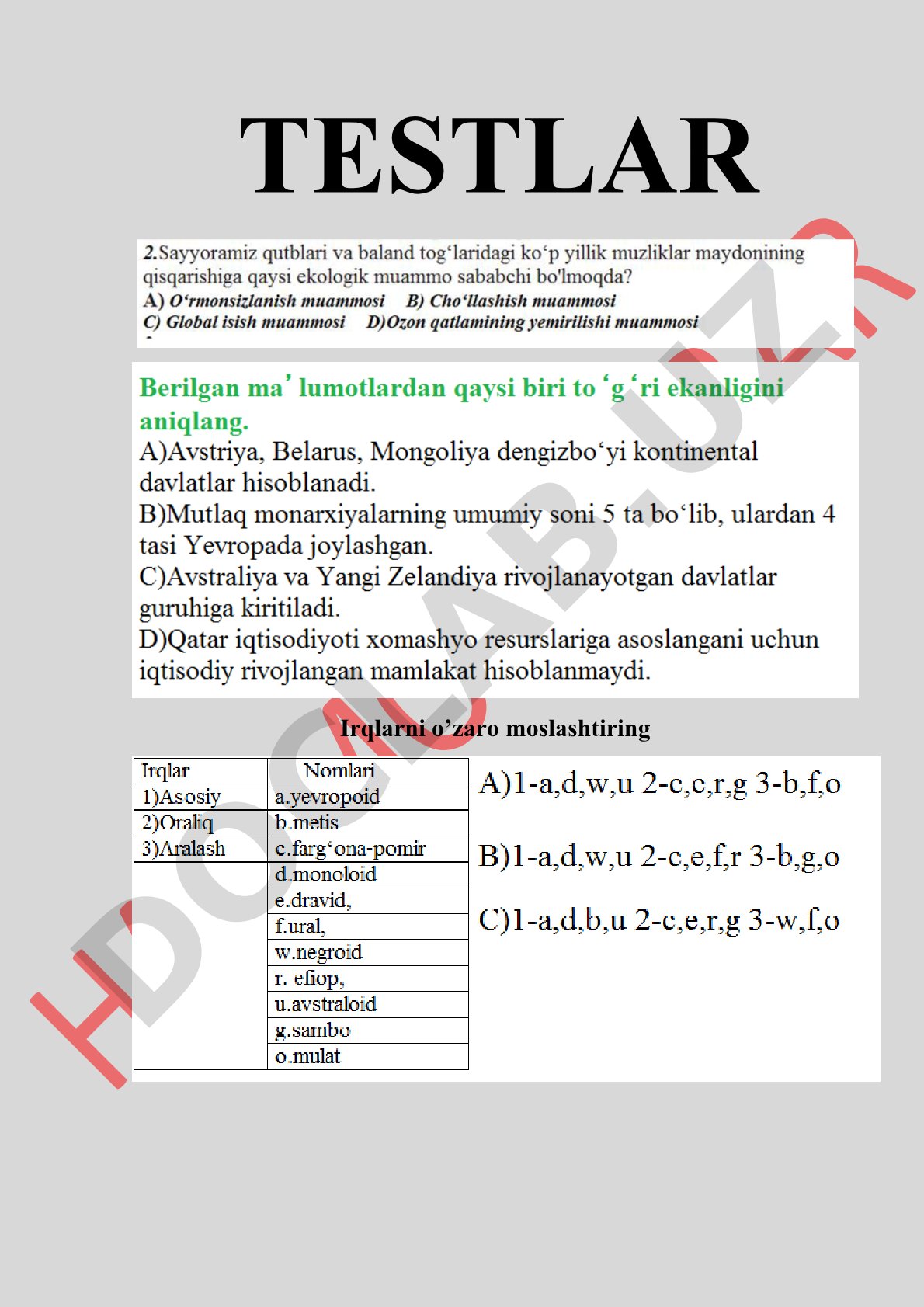 Geografiya test savollari