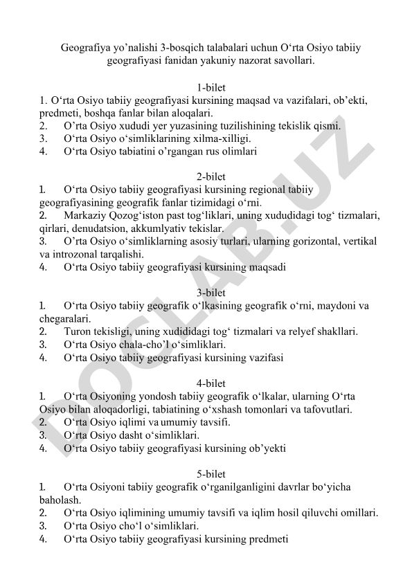 O‘rta Osiyo tabiiy geografiyasi fanidan yakuniy nazorat savollari