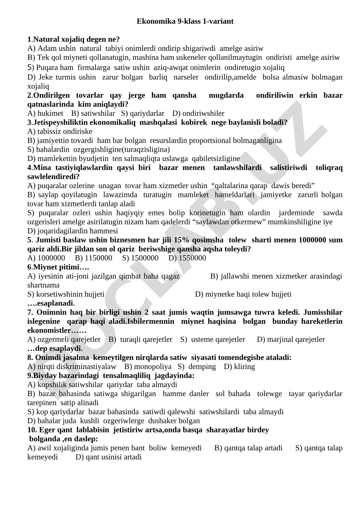 Ekonomika 9-klass 1-variant test savollari