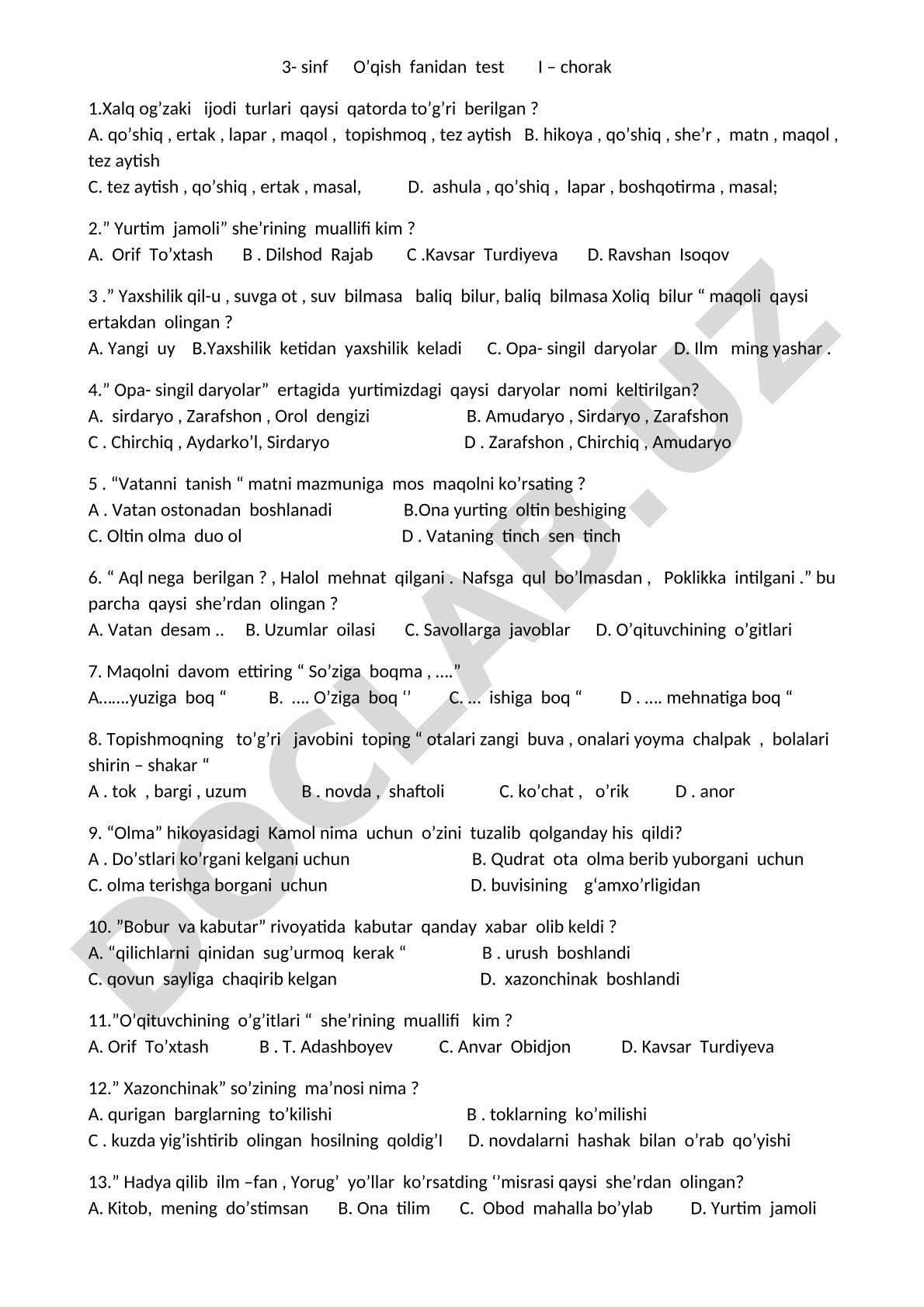 3-sinf O'qish fanidan I chorak testi