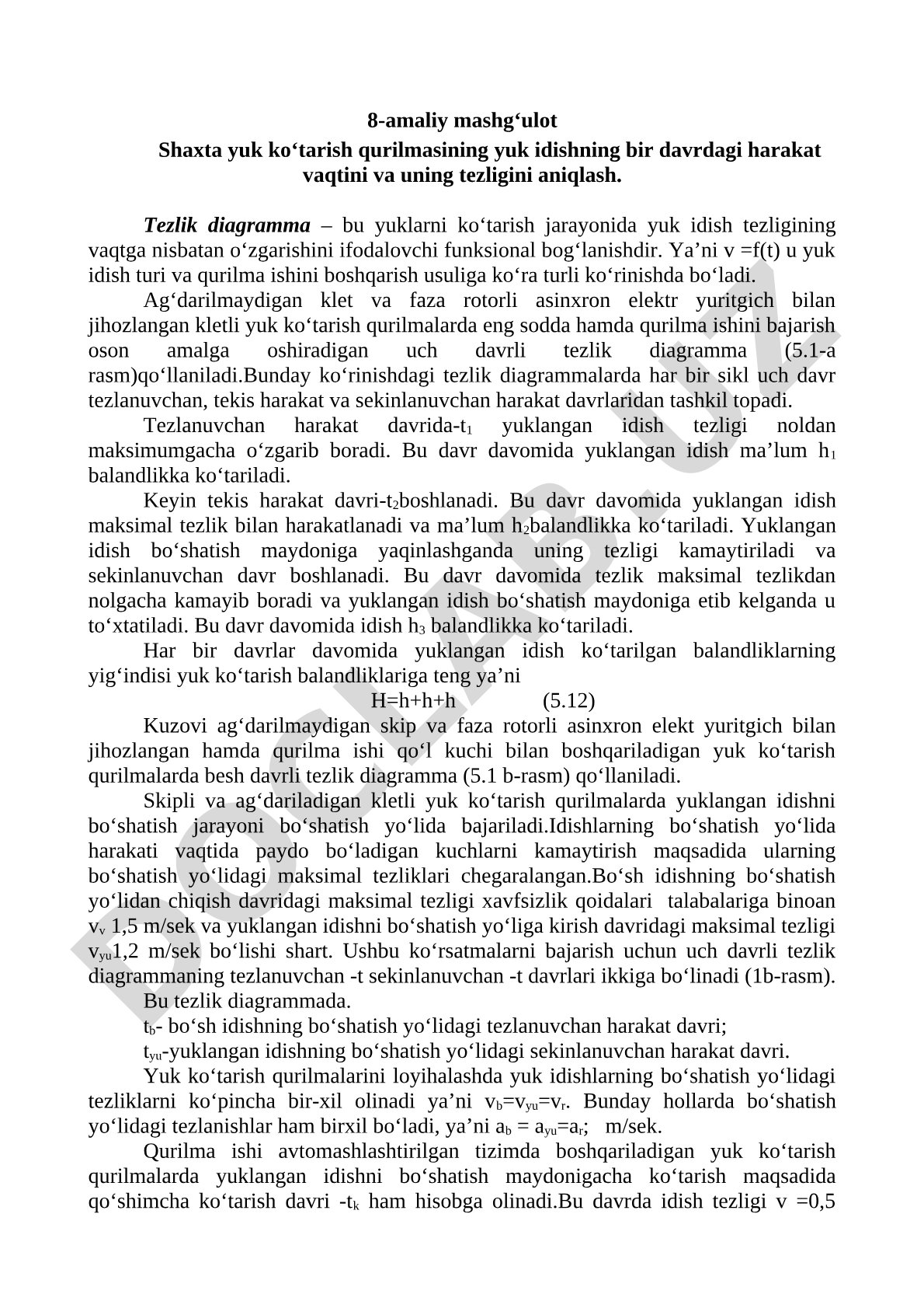 Shaxta yuk ko'tarish qurilmasi idishining harakat vaqti va tezligini aniqlash