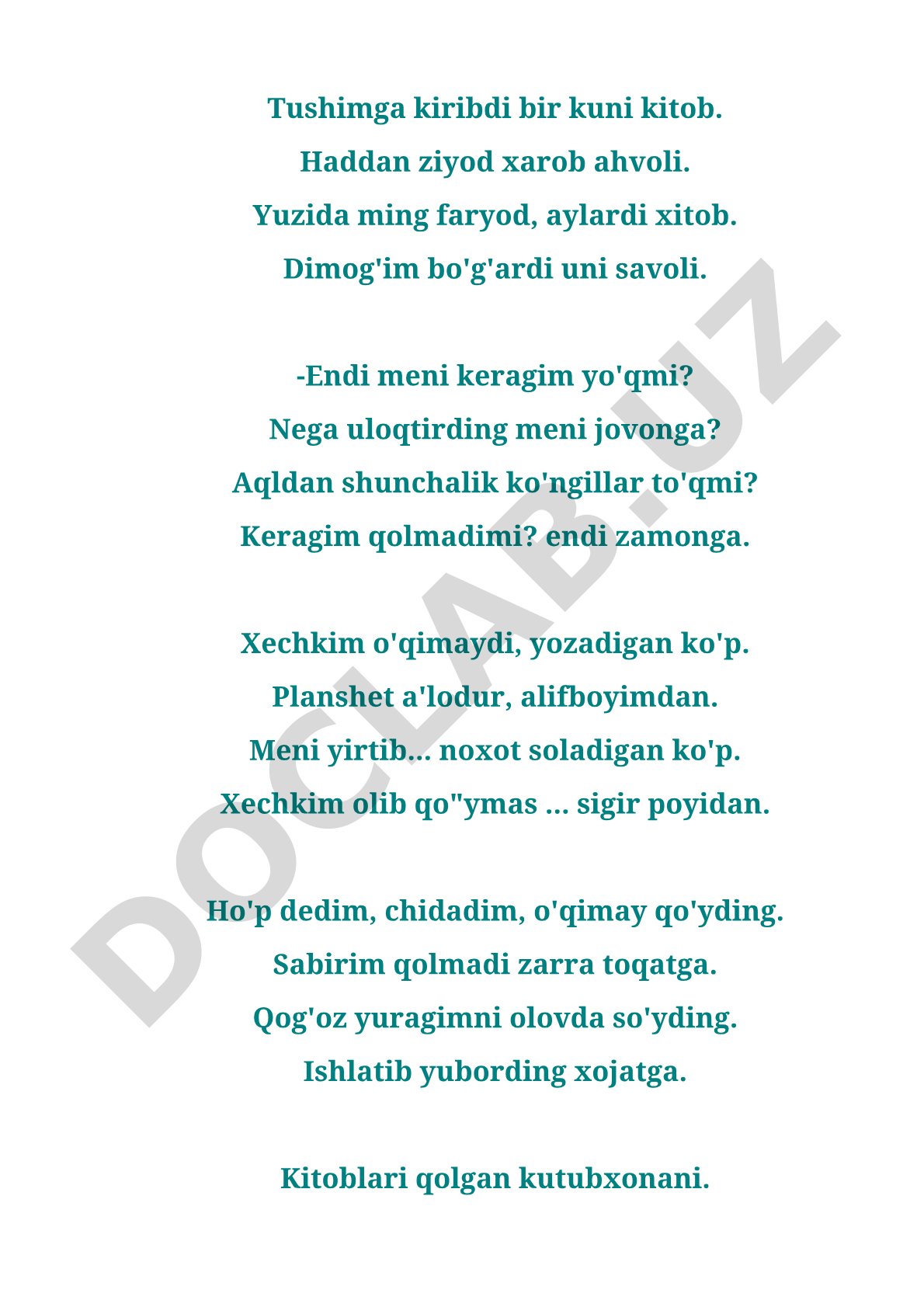 Kitobning zamonaviy davrda qadrsizlanishi haqida she'r