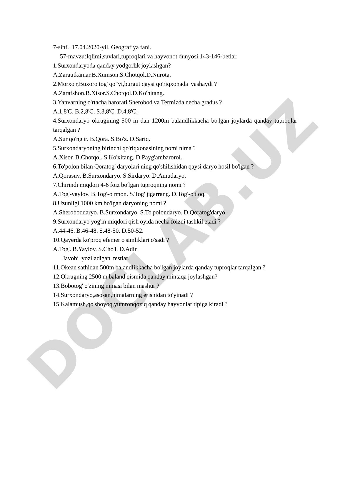 Surxondaryo iqlimi, suvlari, tuproqlari va hayvonot dunyosi