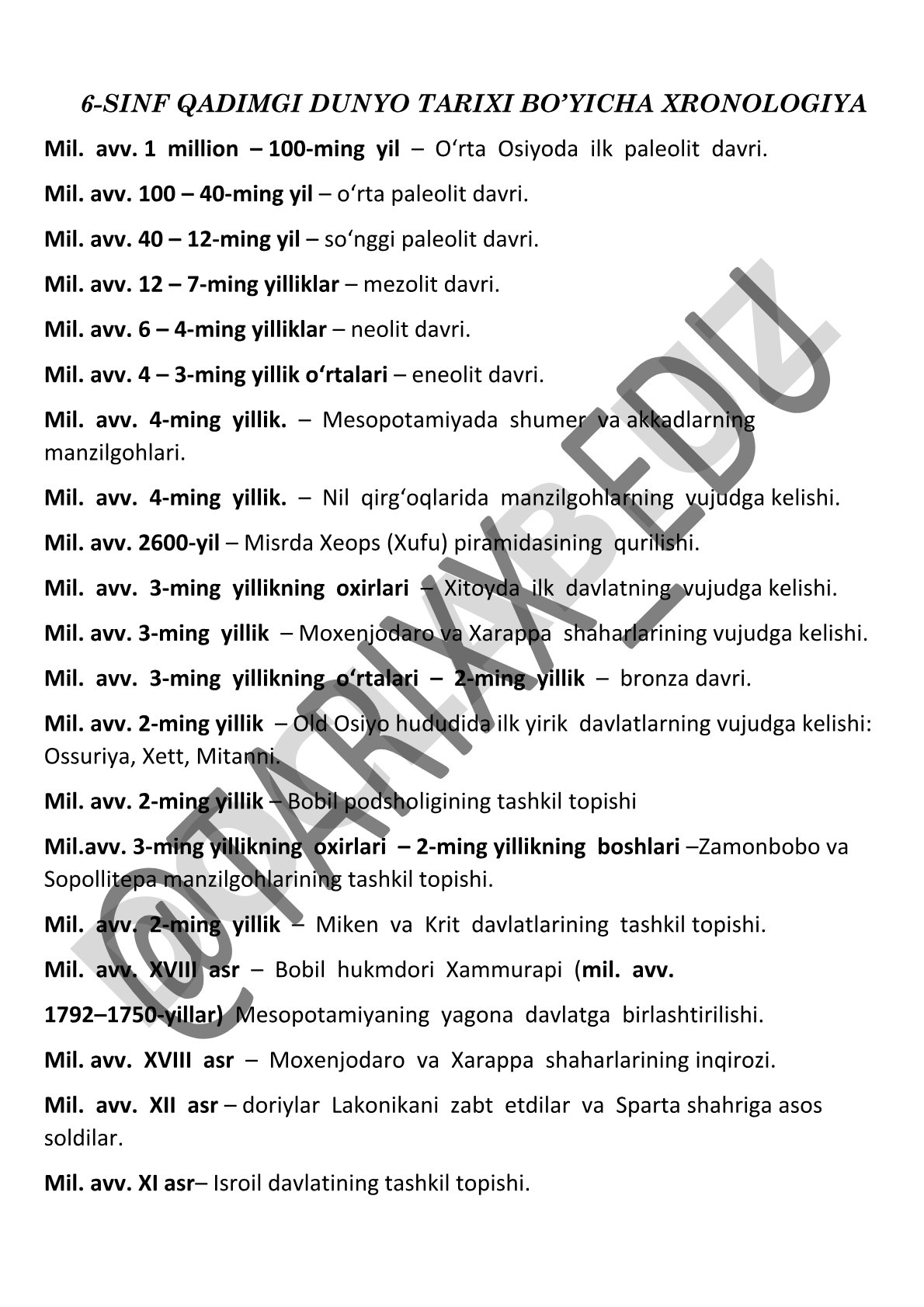 6-sinf qadimgi dunyo tarixi bo'yicha xronologiya