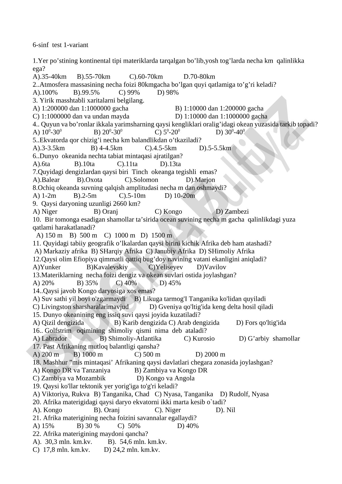 6-sinf geografiya testi 1-variant