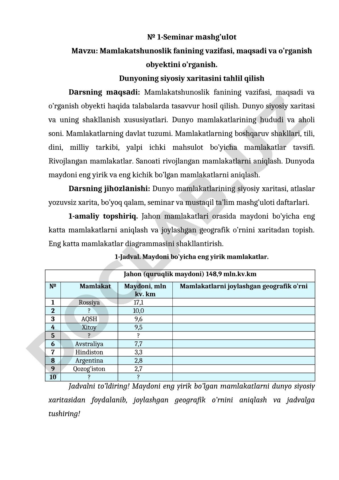 Mamlakatshunoslik fanining vazifasi, maqsadi va o’rganish obyektini o’rganish. Dunyoning siyosiy xaritasini tahlil qilish