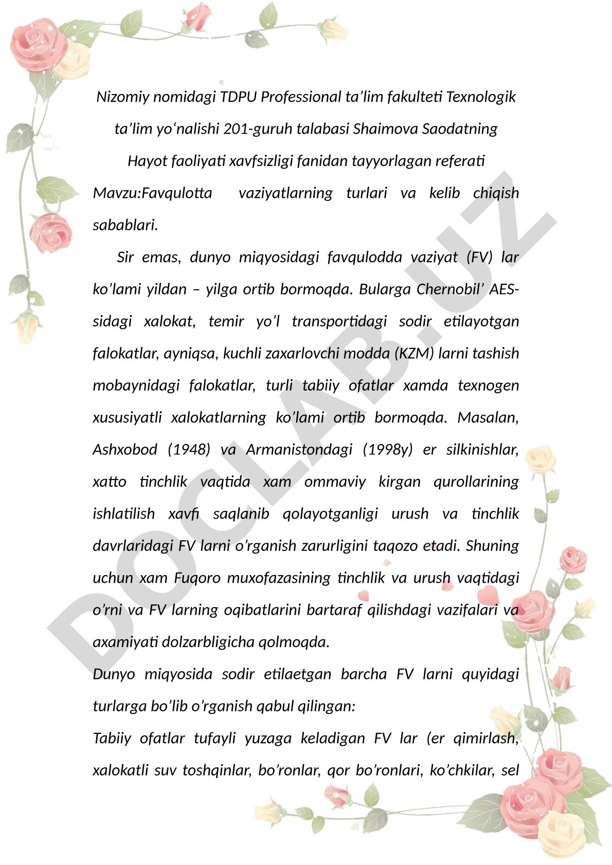 Favqulotta vaziyatlarning turlari va kelib chiqish sabablari