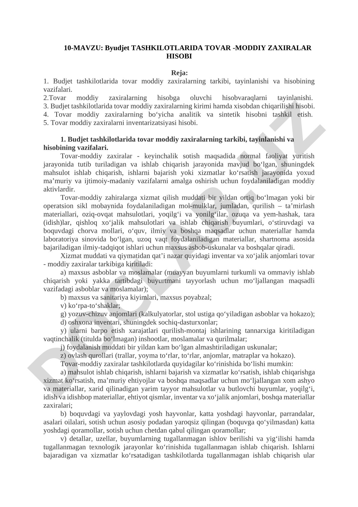 Byudjet tashkilotlarida tovar-moddiy zaxiralar hisobi