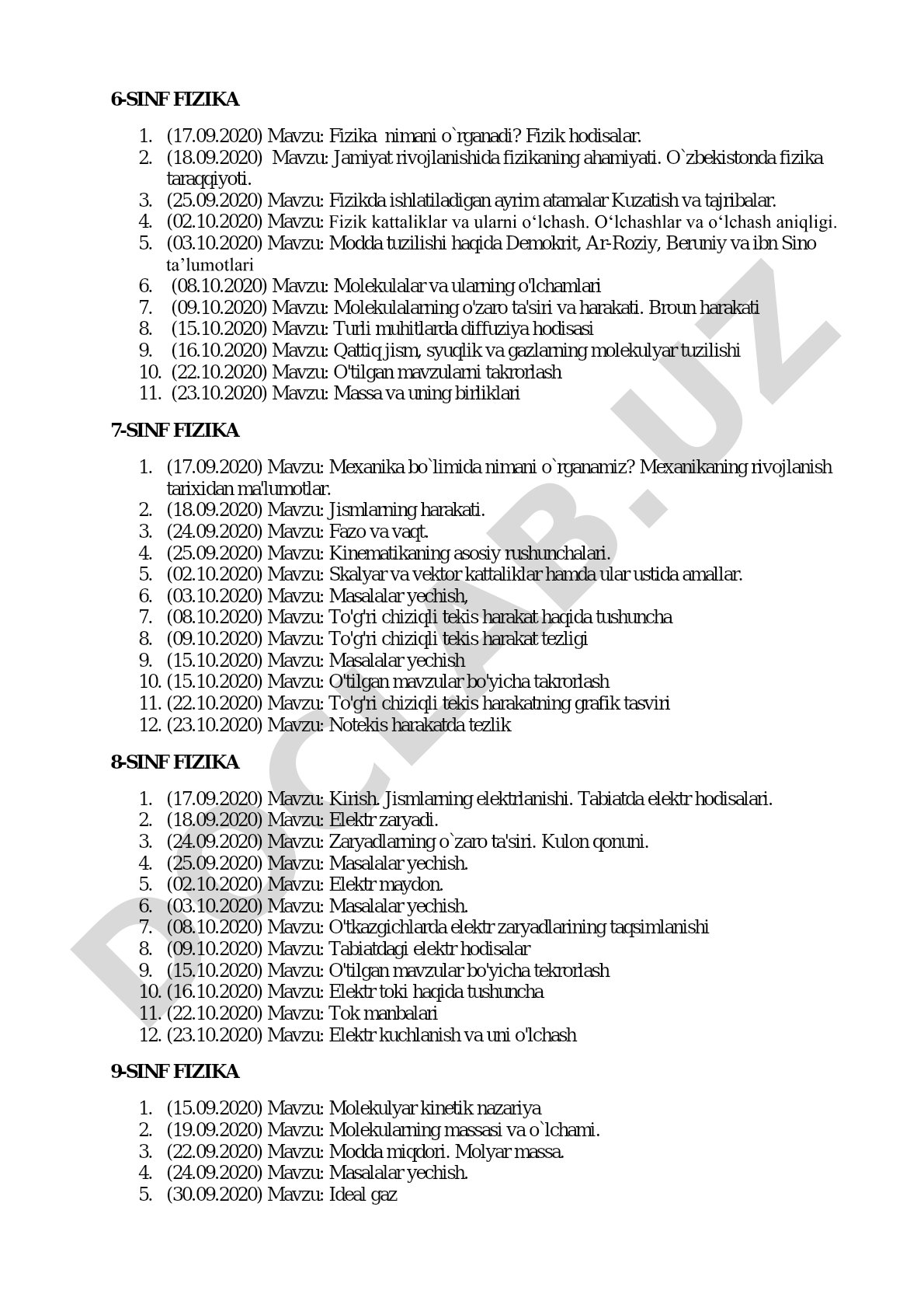 Fizika fanidan 6-7 sinf mavzulari