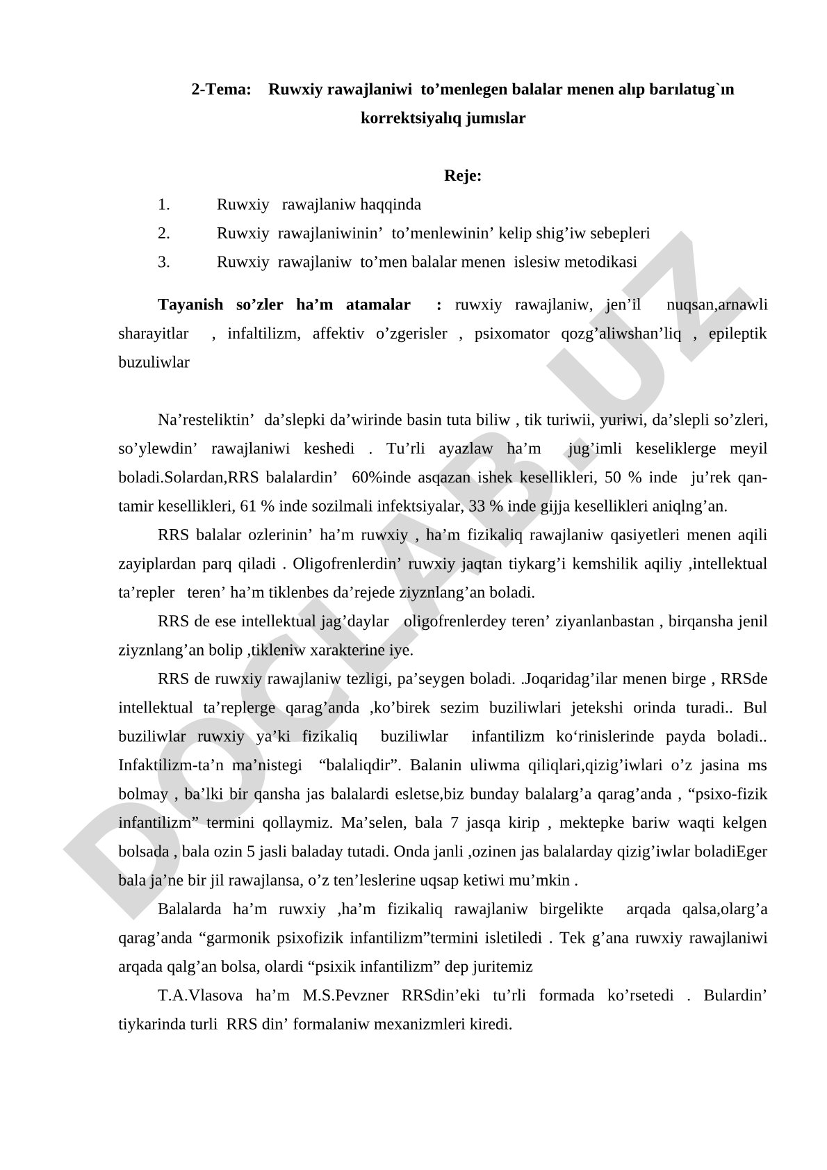 Ruwxiy rawajlaniwi to’menlegen balalar menen alıp barılatug’ın korrektsiyalıq jumıslar
