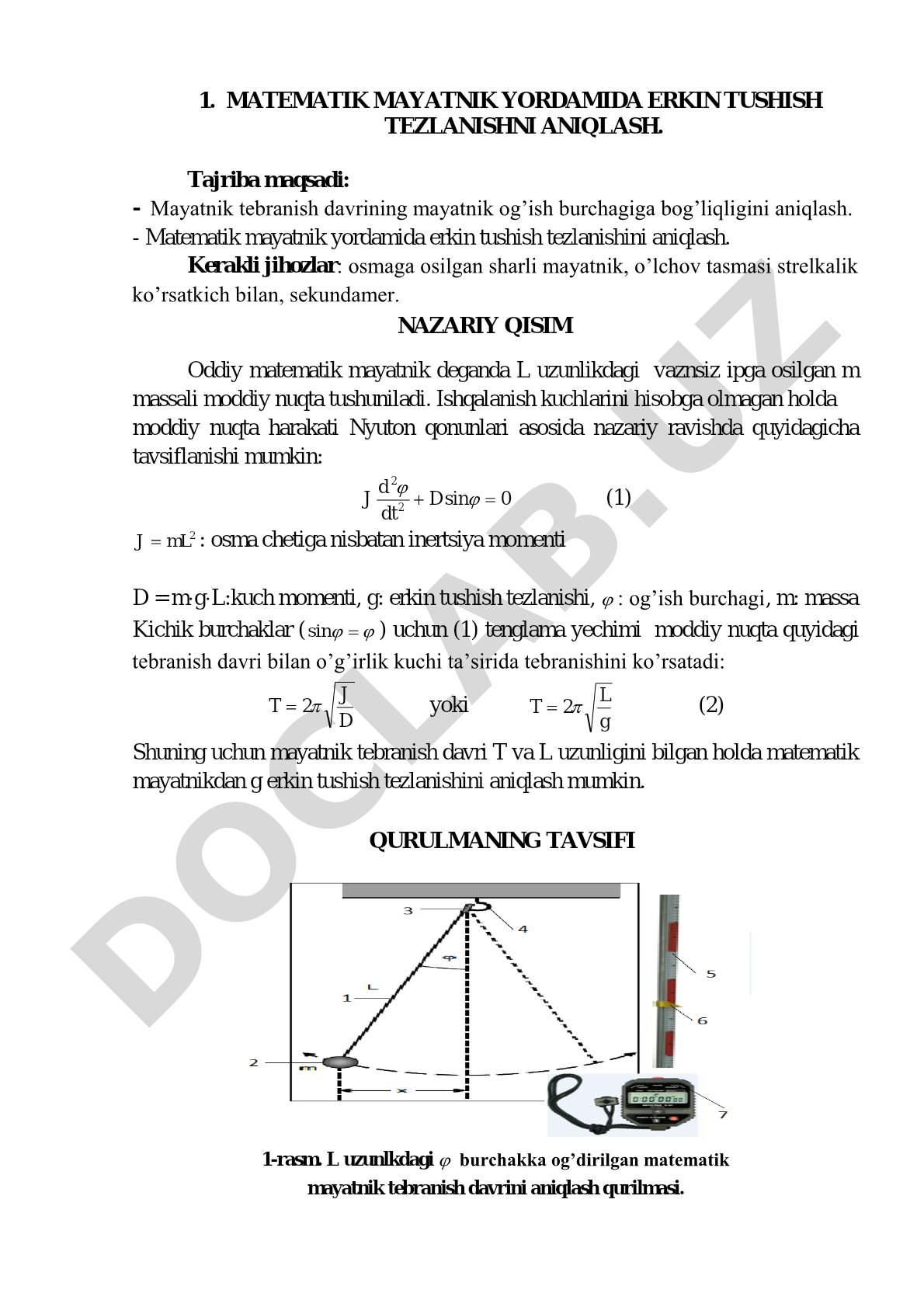 Matematik mayatnik yordamida erkin tushish tezlanishini aniqlash