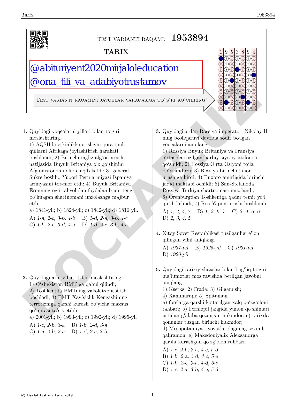 Tarix fanidan test varianti (1953894)