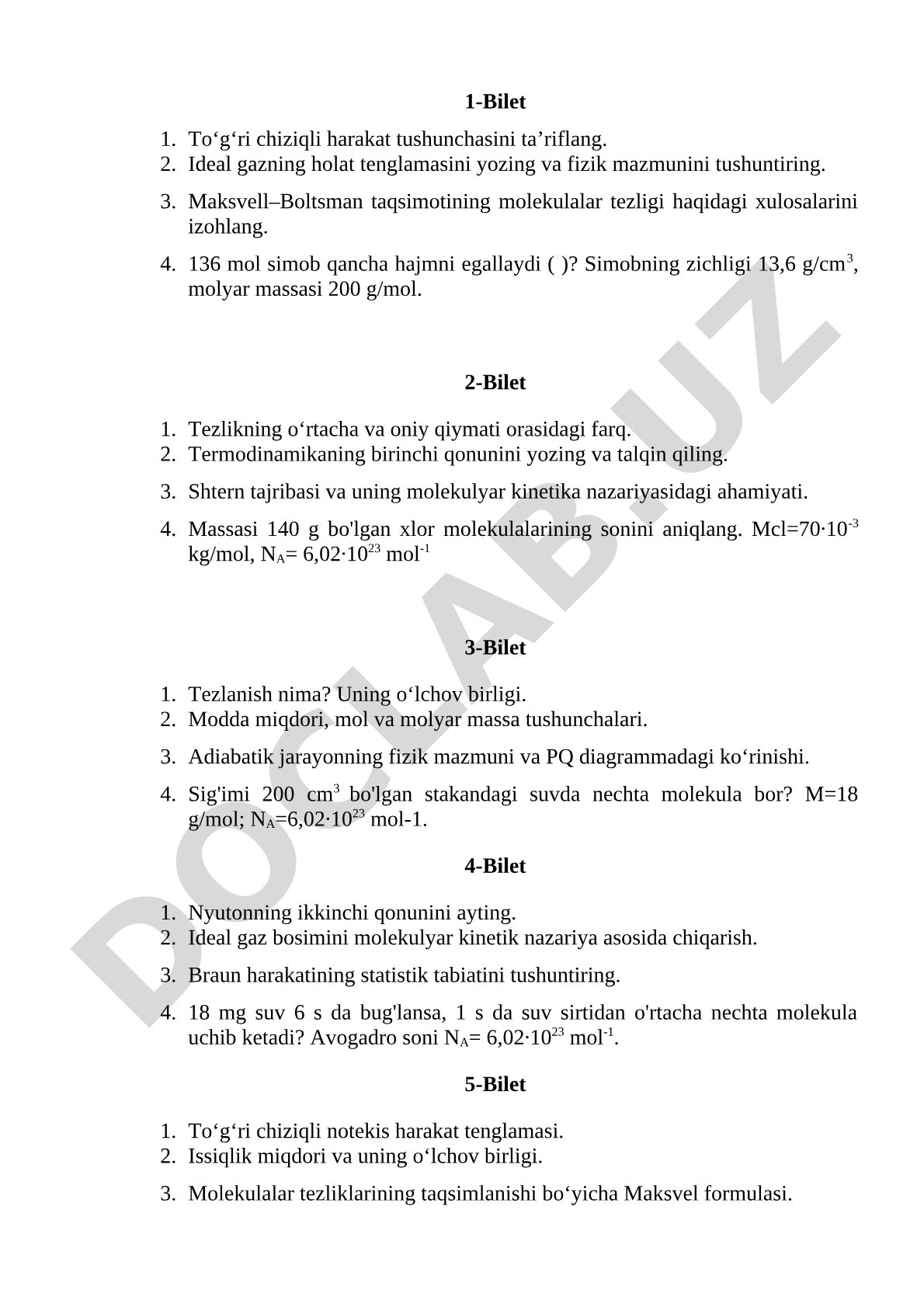 Fizika imtihon biletlari