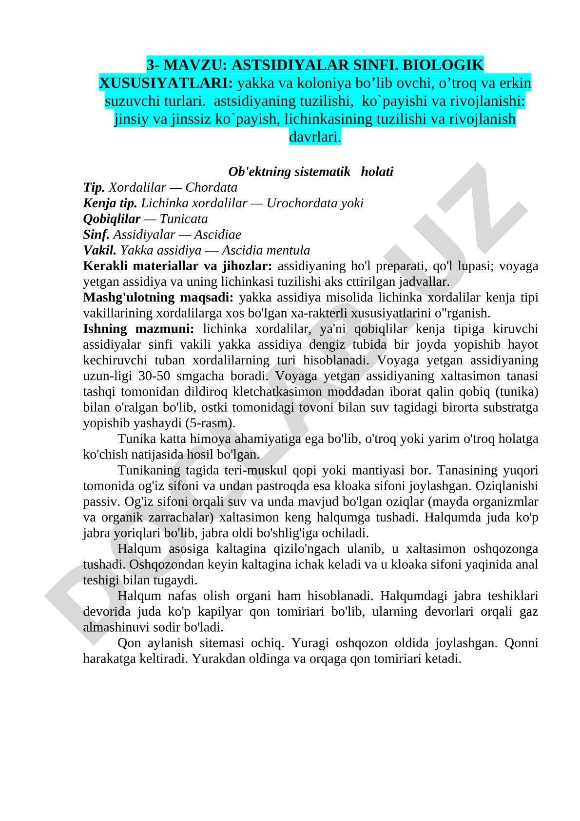 Astsidiyalar sinfi biologik xususiyatlari va tuzilishi