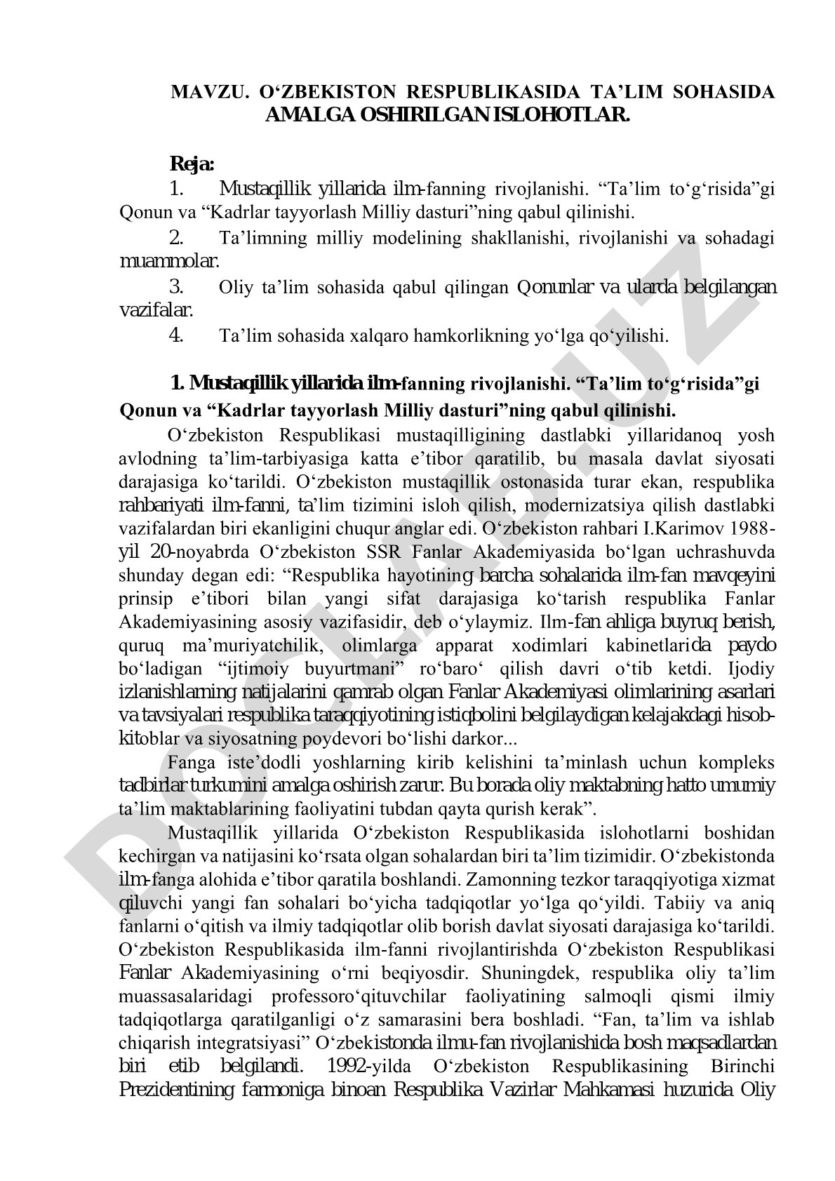 O‘ZBEKISTON RESPUBLIKASIDA TAʼLIM SOHASIDA AMALGA OSHIRILGAN ISLOHOTLAR
