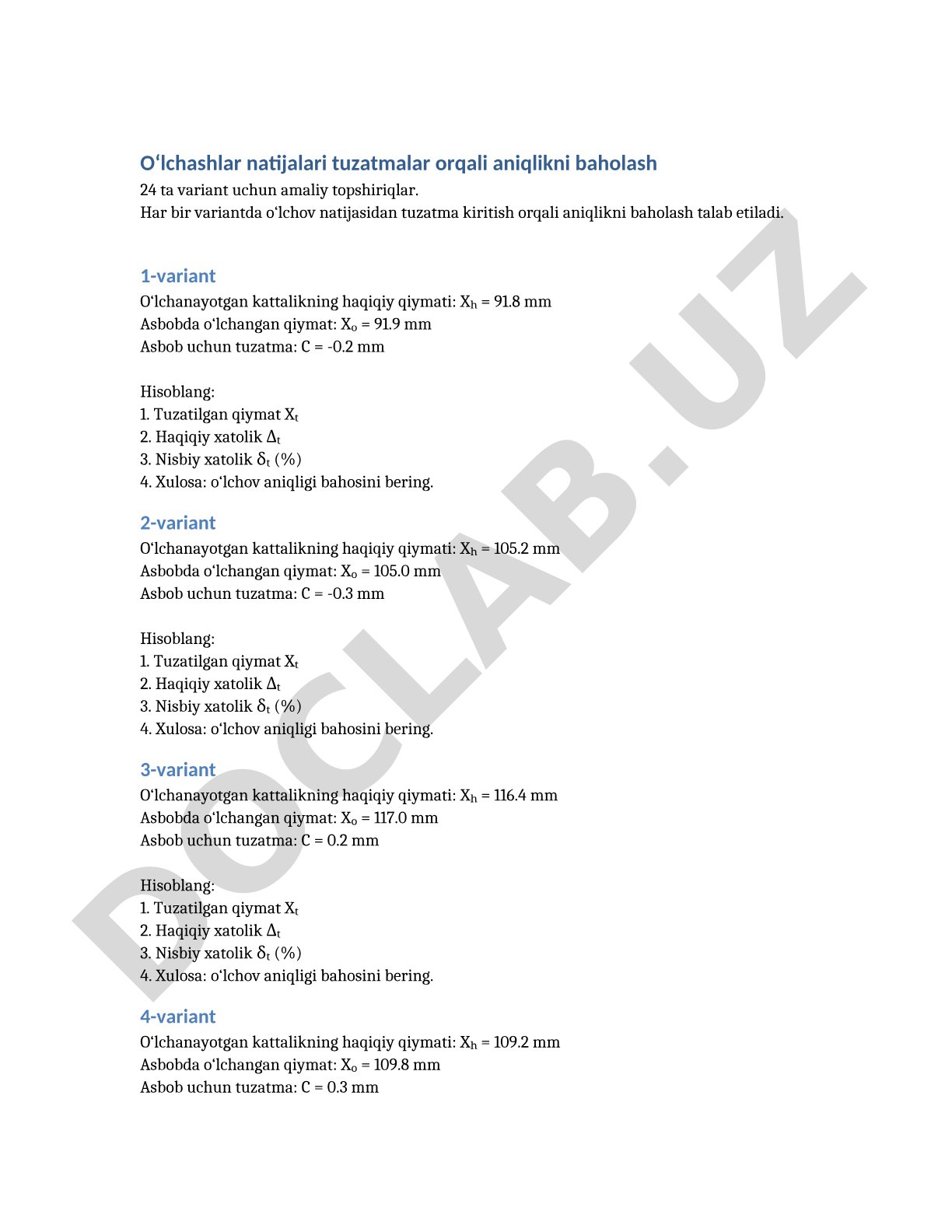 O‘lchashlar natijalari tuzatmalar orqali aniqlikni baholash 24 ta variant uchun amaliy topshiriqlar