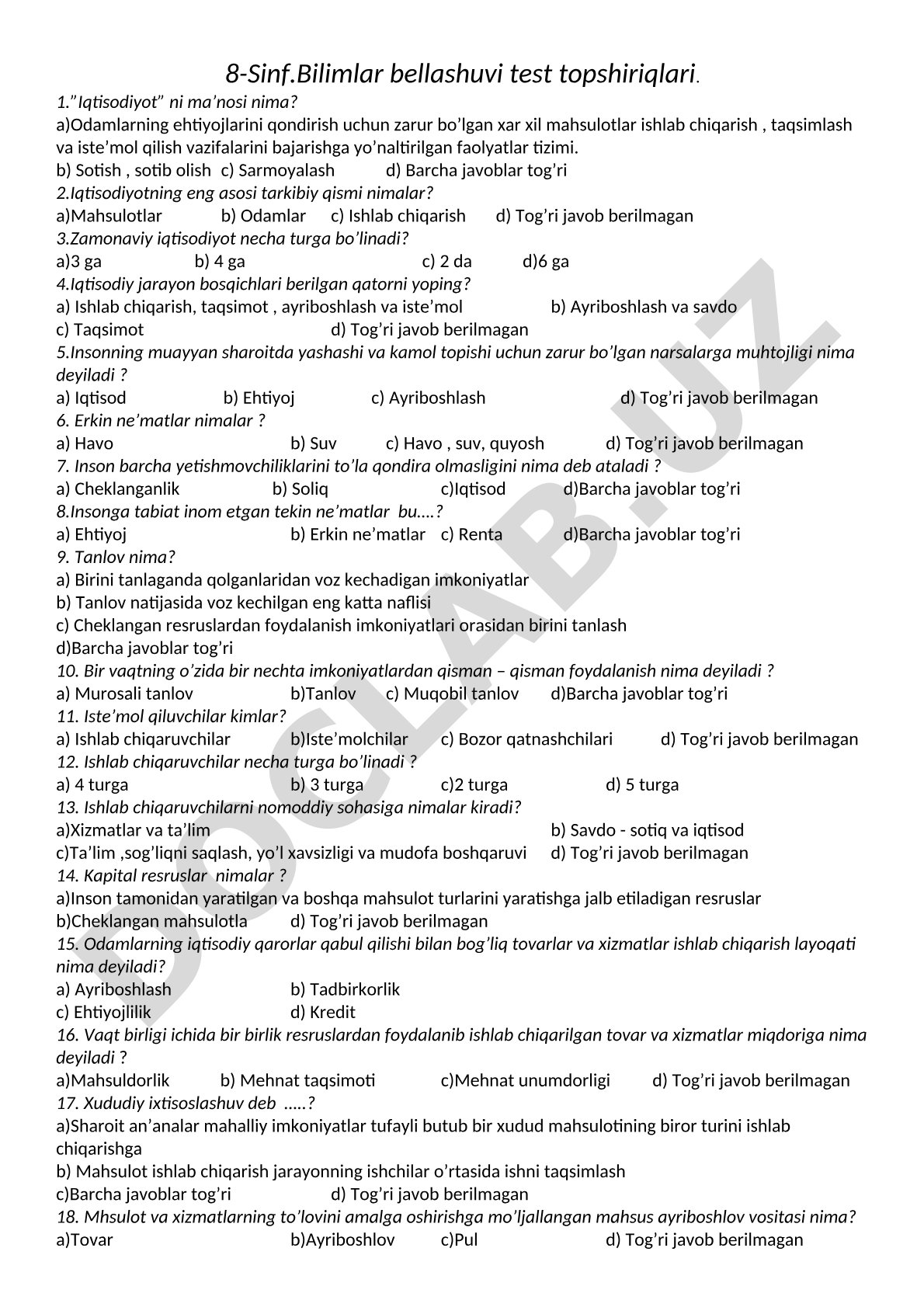 8-sinf. Bilimlar bellashuvi test topshiriqlari