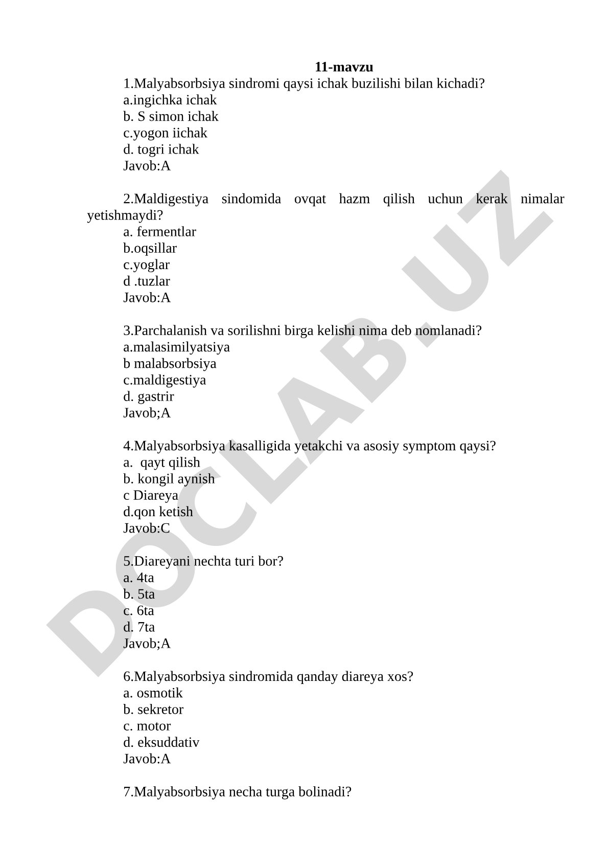 Malyabsorbsiya sindromi test savollari