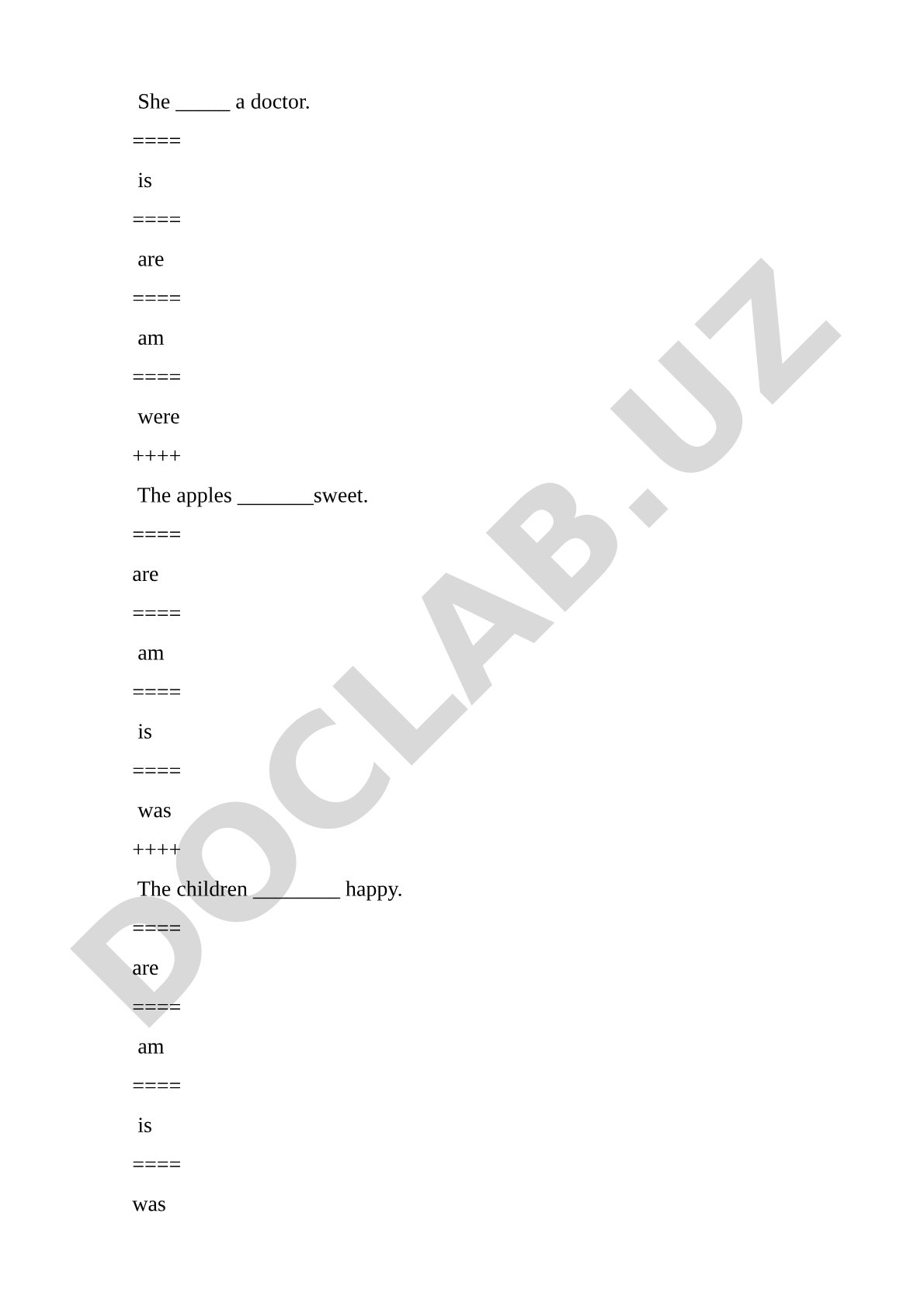 Multiple choice exercises on the verb to be