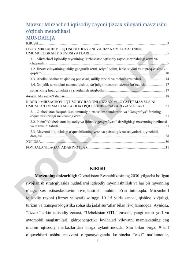 Mirzachoʻl iqtisodiy rayoni Jizzax viloyati mavzusini o'qitish metodikasi