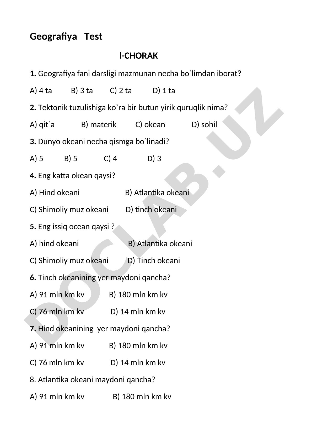 Geografiya test 1-chorak