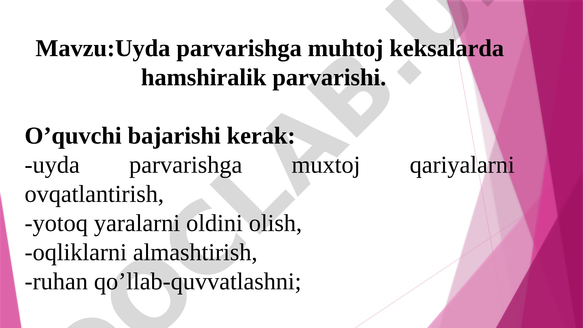 Uyda parvarishga muhtoj keksalarda hamshiralik parvarishi