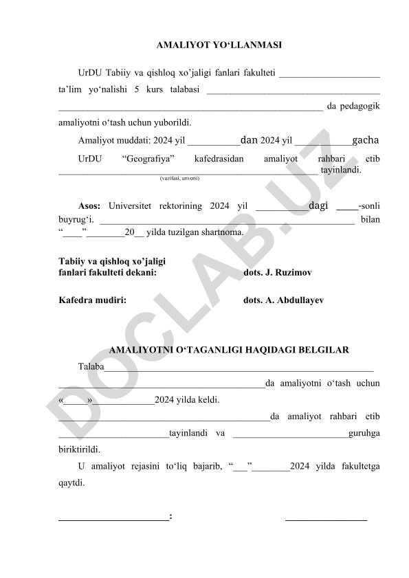 Pedagogik amaliyot yo'riqnomasi
