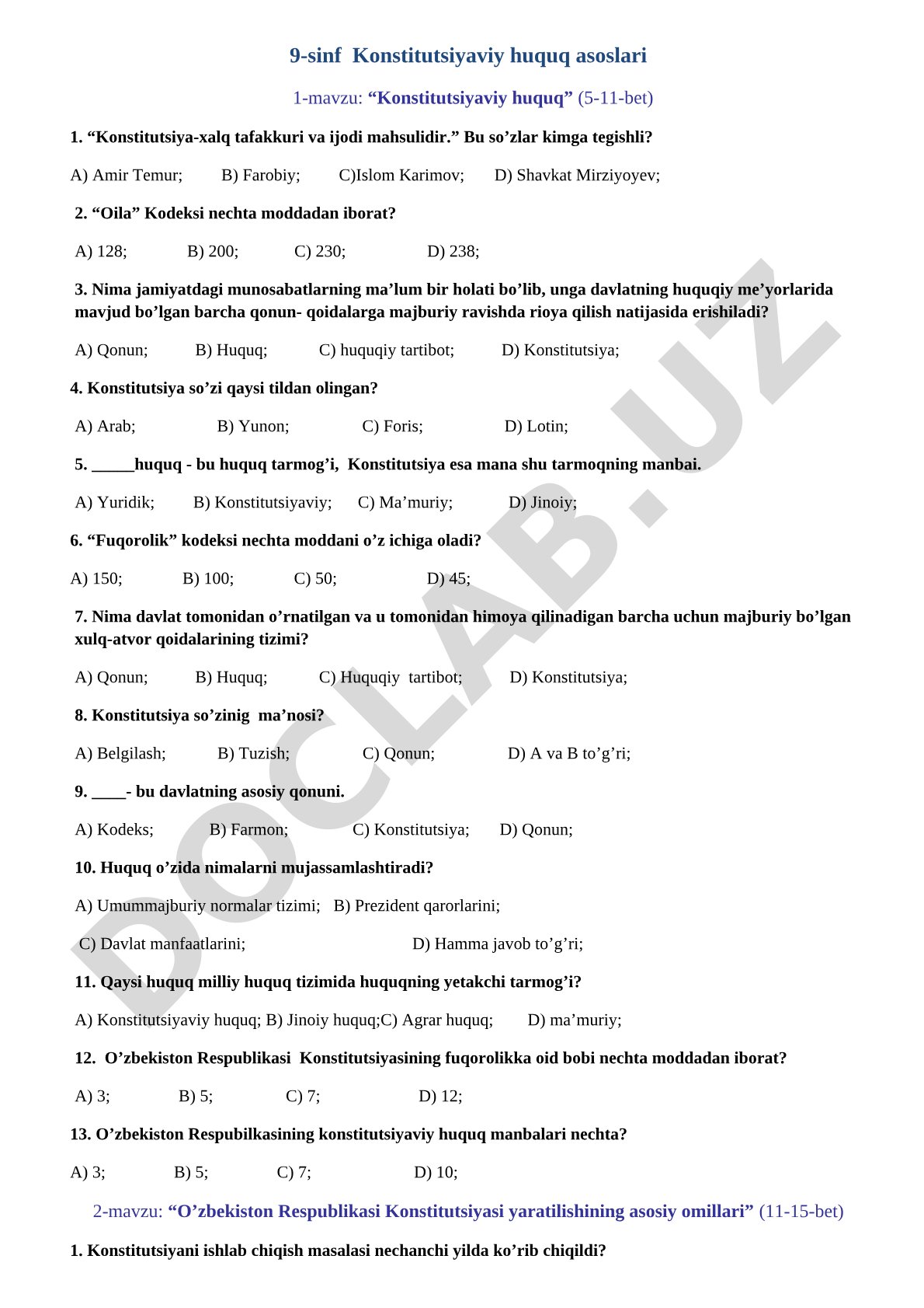 9-sinf Konstitutsiyaviy huquq asoslari 1-mavzu: Konstitutsiyaviy huquq